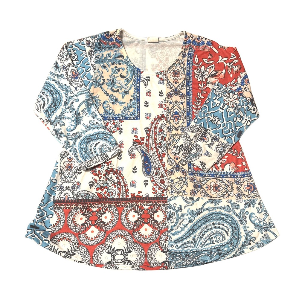 Et Lois Womens Patchwork Paisley Floral Tunic Top Blue Red 3/4 Sleeve Small
